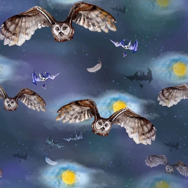 Patrón sin costuras de acuarela con búhos y murciélagos sobre un fondo de luna llena — Foto de Stock