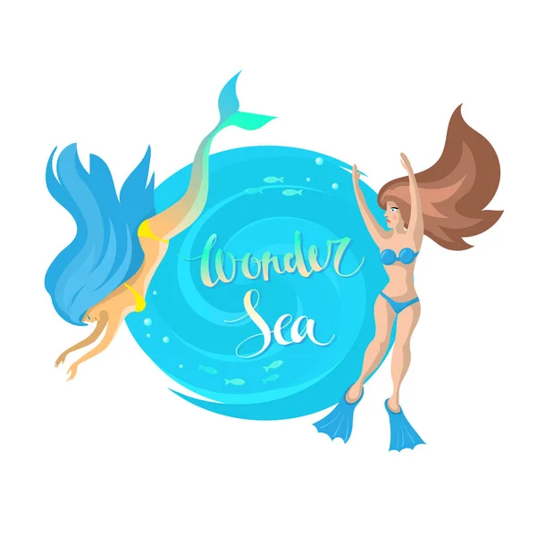 Imagem vetorial de uma moldura azul redonda sob o texto com a inscrição Maravilha do mar, uma sereia e uma menina em um maiô ao redor das bordas — Vetor de Stock