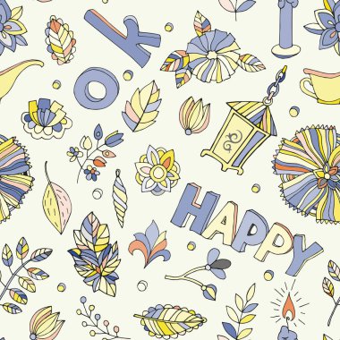 Yaprakları ve harfleri mutlu ve tamam olan kusursuz vektör arkaplanı