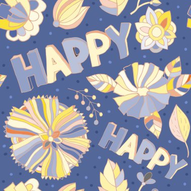 Sarı çiçekli ve mavi arkaplanda mutlu bir yazı olan vektörsüz desen..