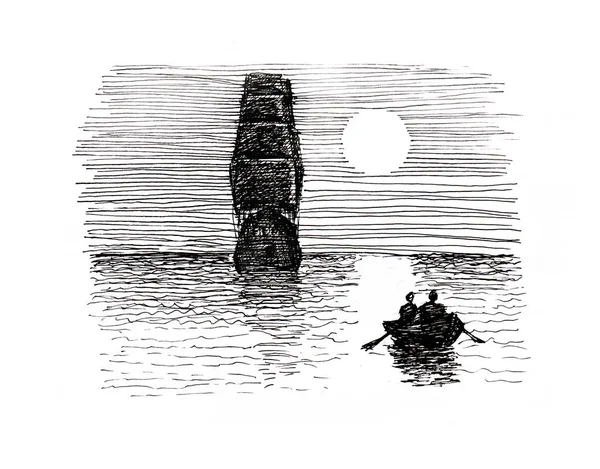 Ceruza rajza egy hajón a tengeren telihold és sziluettek lebeg a hullámok egy hajó — Stock Fotó