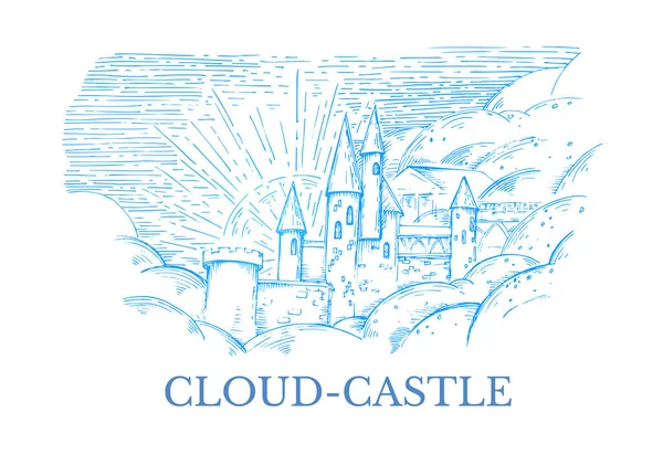 Imagem vetorial de um castelo de pedra no céu com eclosão azul com a inscrição Cloud-Castle — Vetor de Stock