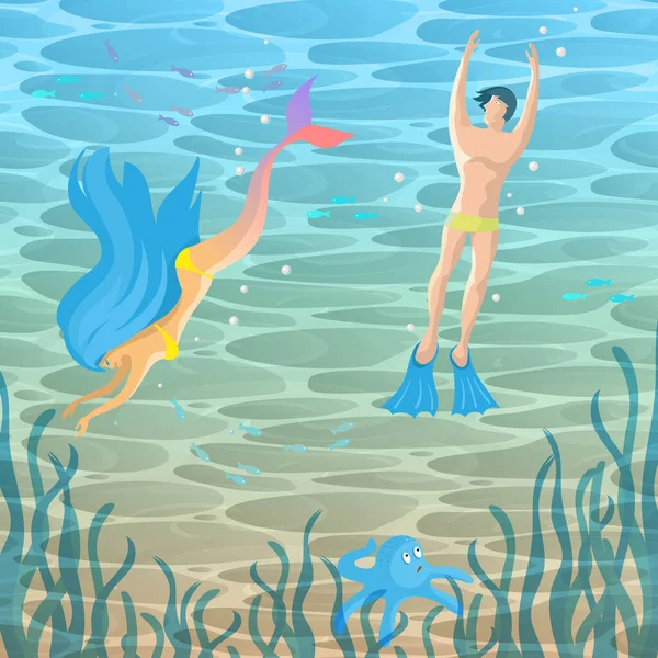 Imagem vetorial de um mergulhador e uma sereia flutuando na água entre as algas . — Vetor de Stock