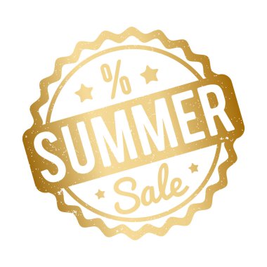 Yaz Satılık lastik damgası beyaz zemin üzerine altın.