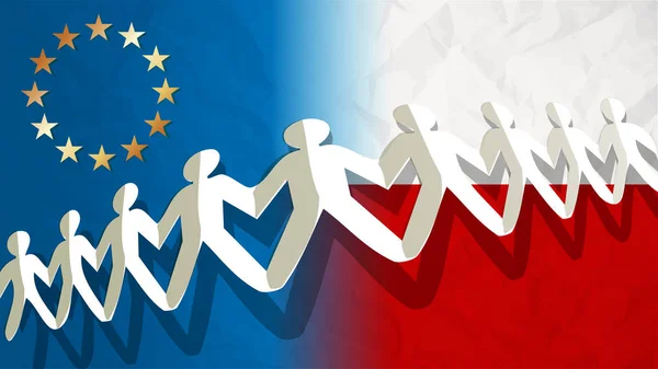 Bandeira de defesa da democracia cortada de pessoas de papel branco no fundo da bandeira da Polônia e da União Europeia . —  Vetores de Stock