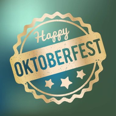 Oktoberfest lastik damgası bir mavi bokeh arka plan üzerinde altın.