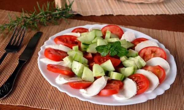 Frischer Gemüsesalat mit Mozzarella, Tomaten und Basilikum — Stockfoto