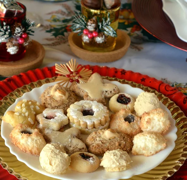 Christmas Cookies Nuts Jam Coconut Decorated Plate Table — Stock Photo, Image