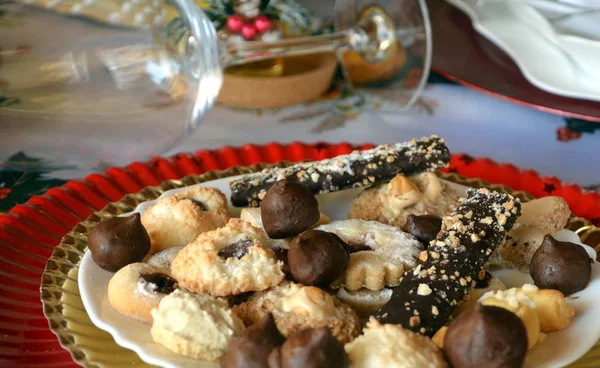 Christmas Cookies Nuts Jam Coconut Decorated Plate Table — Stock Photo, Image