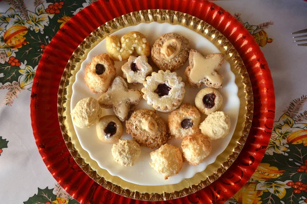 Cookie Uri Crăciun Farfurie Masă Decorată Desertul Plăcii Prăjituri Perfect — Fotografie, imagine de stoc