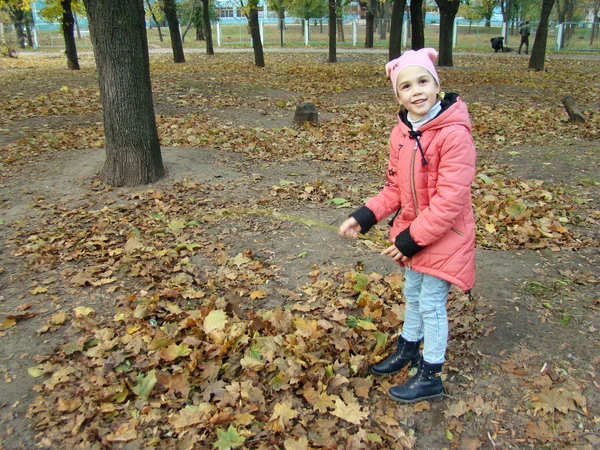 Un niño jugando con hojas caídas —  Fotos de Stock