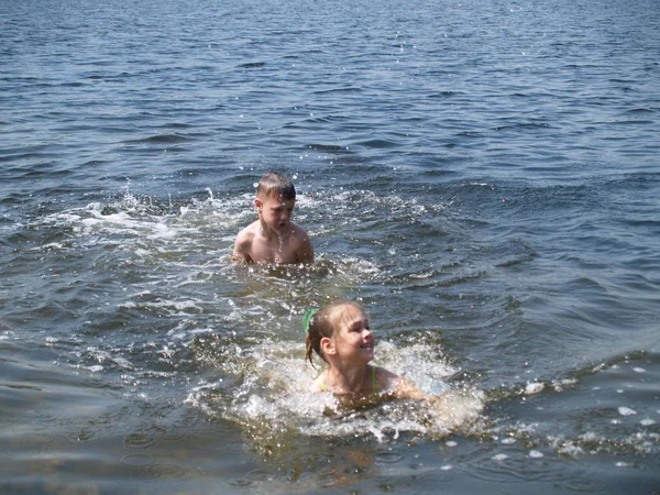 Children Swim Having Fun Rive — Stock Photo, Image
