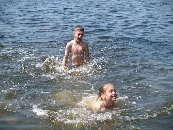 Children Swim Having Fun Rive — Stock Photo, Image