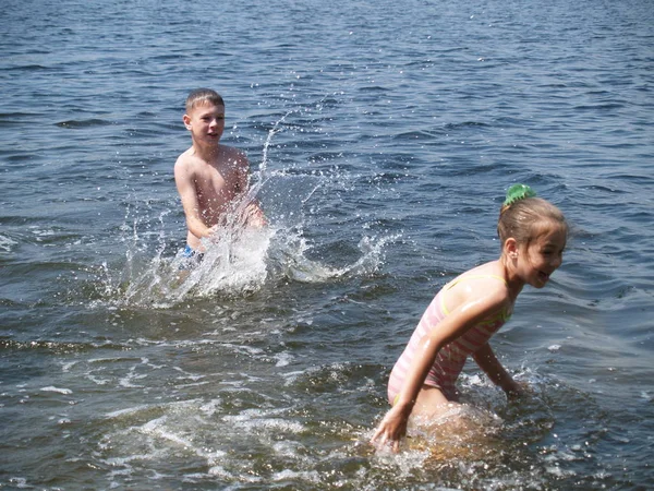 Children Swim Having Fun Rive — Stock Photo, Image