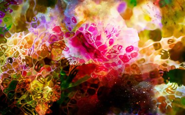 Çiçekli kozmik alan, renkli galaksi arkaplanı, bilgisayar kolajı.