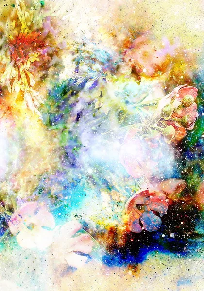 Kosmiczna przestrzeń z kwiatami, tło galaktyki kolorów, kolaż komputerowy. — Zdjęcie stockowe