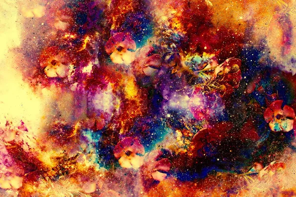 Abstrakt multicolor blomma motiv collage med dynamiska eld effekt i rymden. — Stockfoto