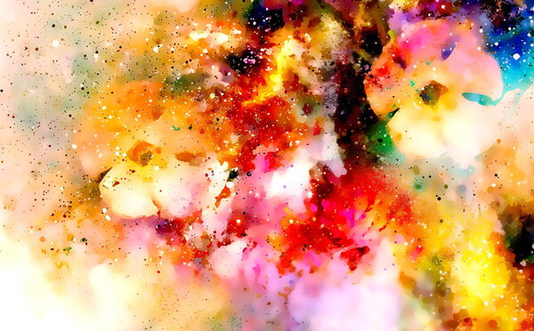 Abstract multicolor flower motive collage with dynamic fire effect in space