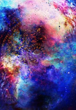 Kozmik backgrond, bilgisayar kolaj üzerinde mandala şekli ile filigrane çiçek süsleme.