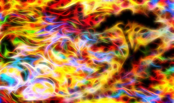 Абстрактный силуэт дерева с многоцветным фоном и фрактальным эффектом . — стоковое фото
