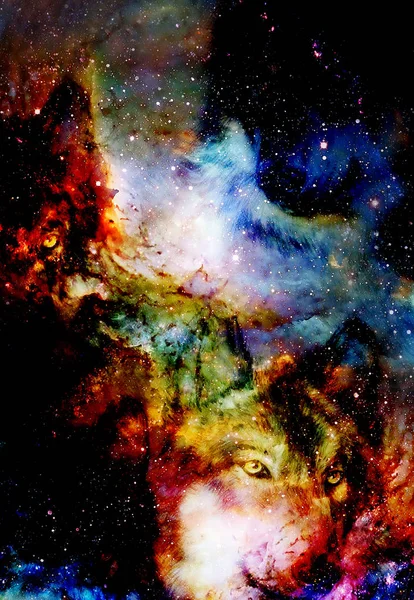 Magico lupo spaziale, multicolore computer grafico collage. Incendio spaziale . — Foto Stock