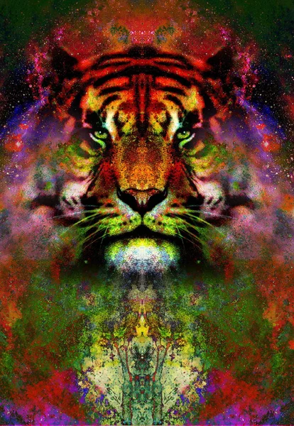 Magische ruimte tiger, multicolor computer grafische collage. Ruimte brand. — Stockfoto