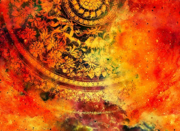 Filigrane blommig prydnad med mandala form på kosmiska backgrond, dator collage. Eld effekt. — Stockfoto