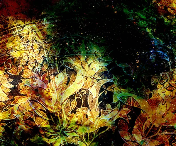 Adorno floral filigrane sobre fondo cósmico, collage de computadora . —  Fotos de Stock