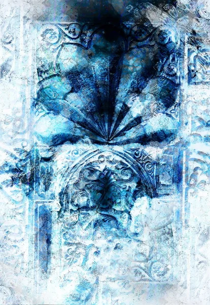 Portalinngang med gammel ornamentell struktur, Compter collage. vinterpåvirkning . – stockfoto