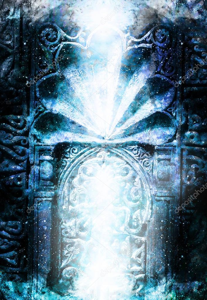 gate portal entrance with ornamental structure in cosmic surroundings. Winter effect.