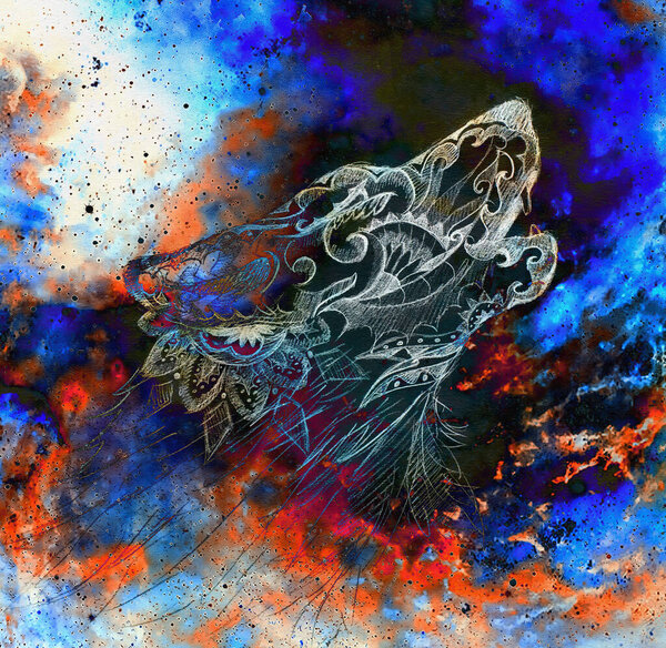 Волк-волшебник, многоцветный компьютерный графический коллаж.