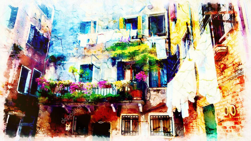 venetian scenery with balconies with flowers and drying clothes, Computer painting.