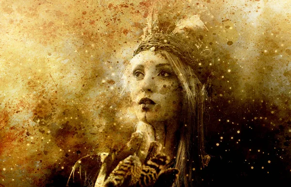 Krásný šamanský dívka hrát na šaman rám buben v přírodě, starý efect. — Stock fotografie