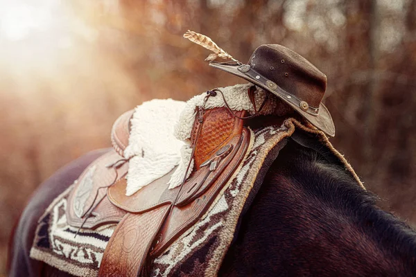Részlet a gyönyörű ló nyereg természetes textúrák és egy kalap. — Stock Fotó