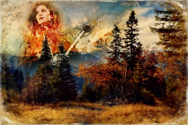 Bella ragazza sciamanica che gioca sul tamburo telaio sciamano nella natura. Collage per computer ed effetto pittura. — Foto Stock