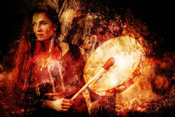 Šamanské dívka s rámcem buben na abstraktní strukturovaném prostoru pozadí. — Stock fotografie