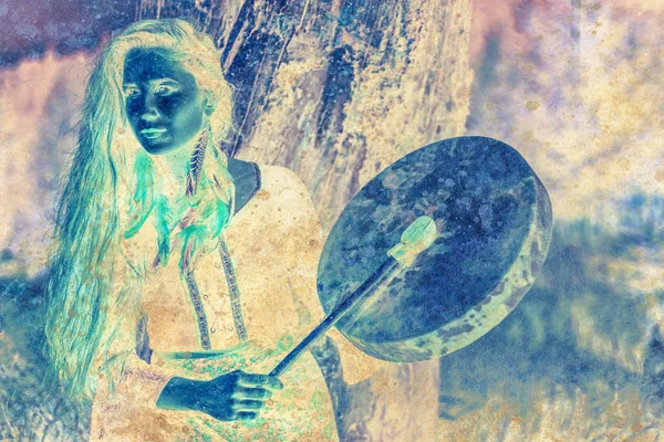 Shamanic girl with frame drum on abstract structured background. — Stock Photo, Image