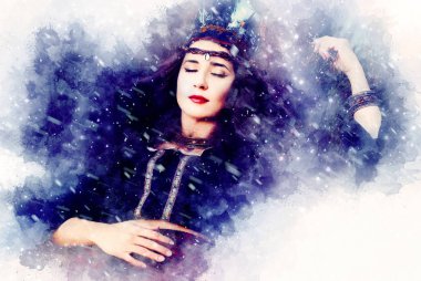 Kış manzaralı şaman kadın, sanatçı kolajı.