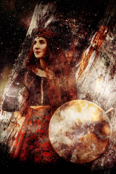 Shamanic girl with frame drum on abstract structured space background. — Stock Photo, Image