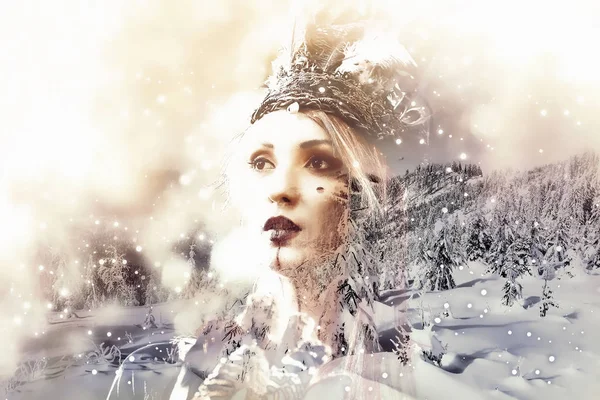 Shaman woman in winter landscape, artist collage. — Stock Photo, Image