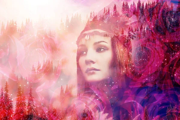 Shaman woman in winter landscape, artist collage. — Stock Photo, Image