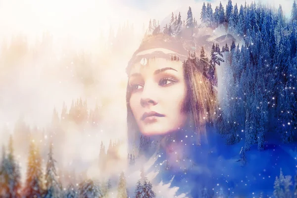 Shaman vrouw in de winter landschap, kunstenaar collage. — Stockfoto