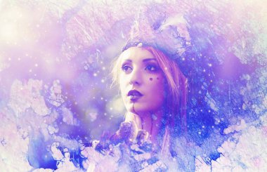 Soyut yapılandırılmış arka planda davulu olan şamanik kız.