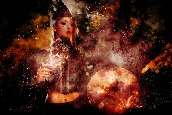 Shamanic girl with frame drum on abstract structured space background. — Stock Photo, Image