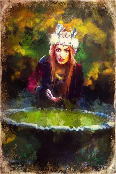 Beautiful shamanic woman with headband in the nature. Computer painting effect. — Stockfoto