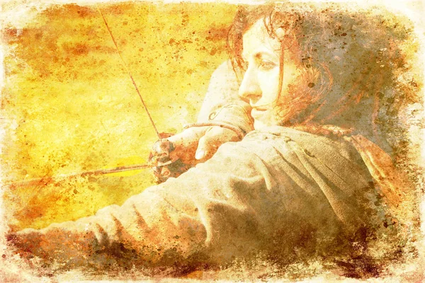 Detail of a woman training shooting with a bow on a meadow. Computer painting effect. — Stock Photo, Image