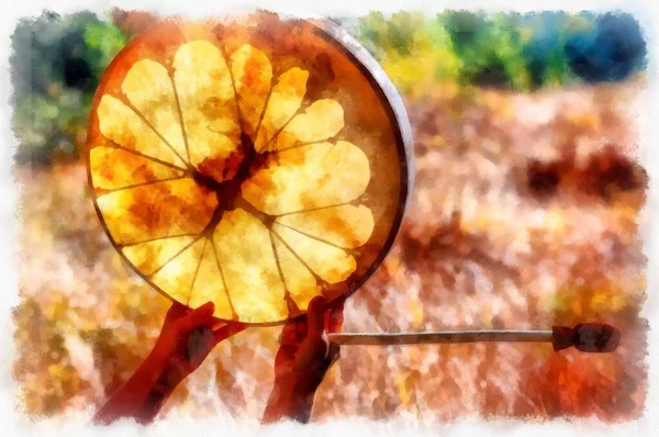 Shaman frame drum in vrouw hand in de natuur. Computerschildereffect. — Stockfoto