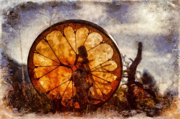 Shamanic drum in nature, painting effect and border. — Stockfoto