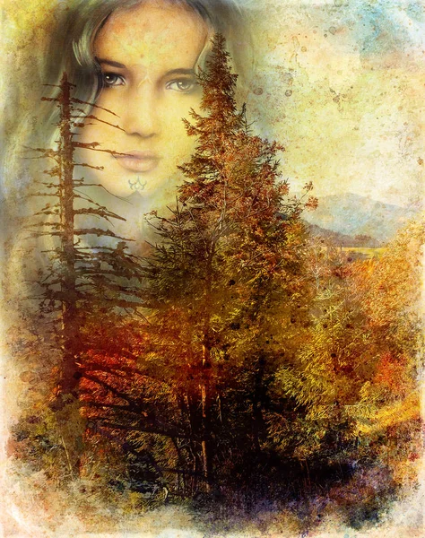 Mystical forest fairy guardian above a woodland landscape. — Stockfoto