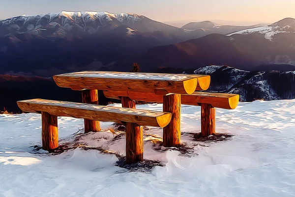 Banco de madera en el paisaje de invierno, hermoso paisaje y efecto de pintura . —  Fotos de Stock